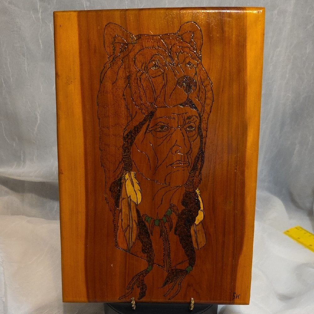 Handcrafted Wooden Art with Native American With Bear Head Dress.